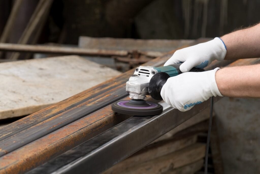 how to get rid of rust on metal A man working with electric angle grinder tool. Removing rust a metal square tube. Hands in white gloves hold a power tool, wire brush.