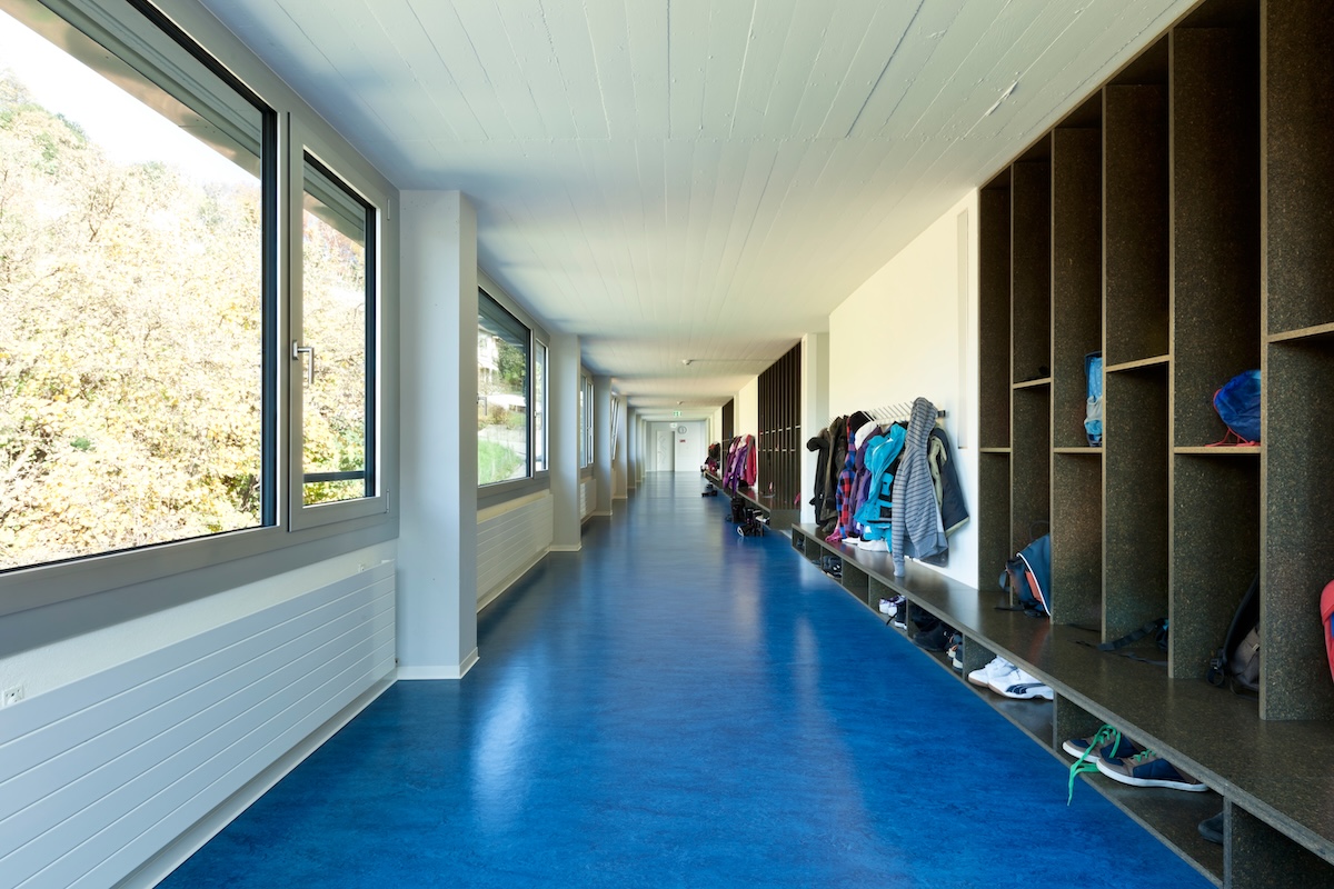 modern public school, corridor blue floor
