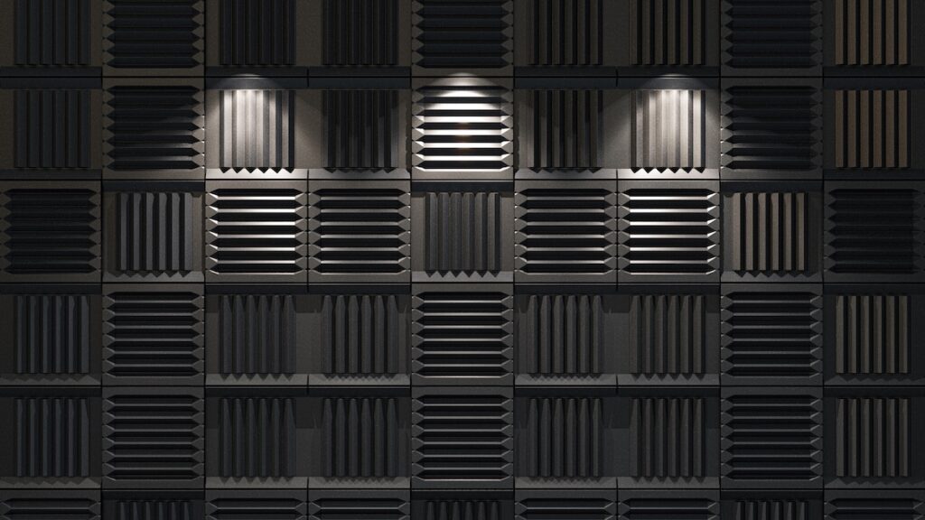 Soundproofing panels Acoustic foam background illuminated. 3d illustration