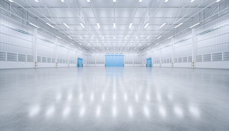 3d rendering of empty warehouse building with concrete floor new and clean condition.