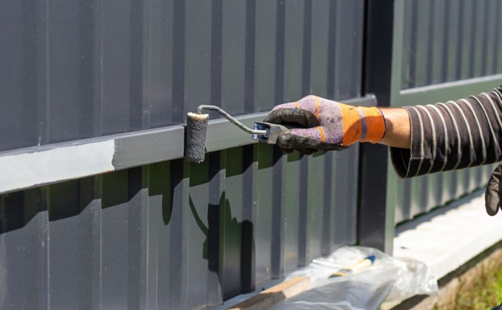 fire resistant paint for metal worker hand paiting black metal fence construction with small paint roller