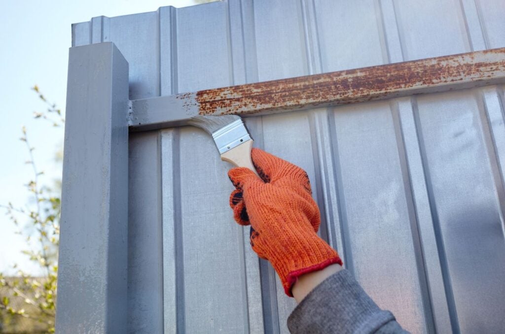 rust prevention paint woman painting metallic fence blue