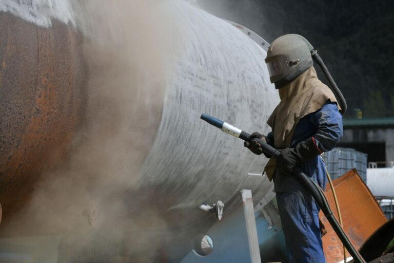 what type of sand is used for sandblasting worker using tool on big tube industrial plant