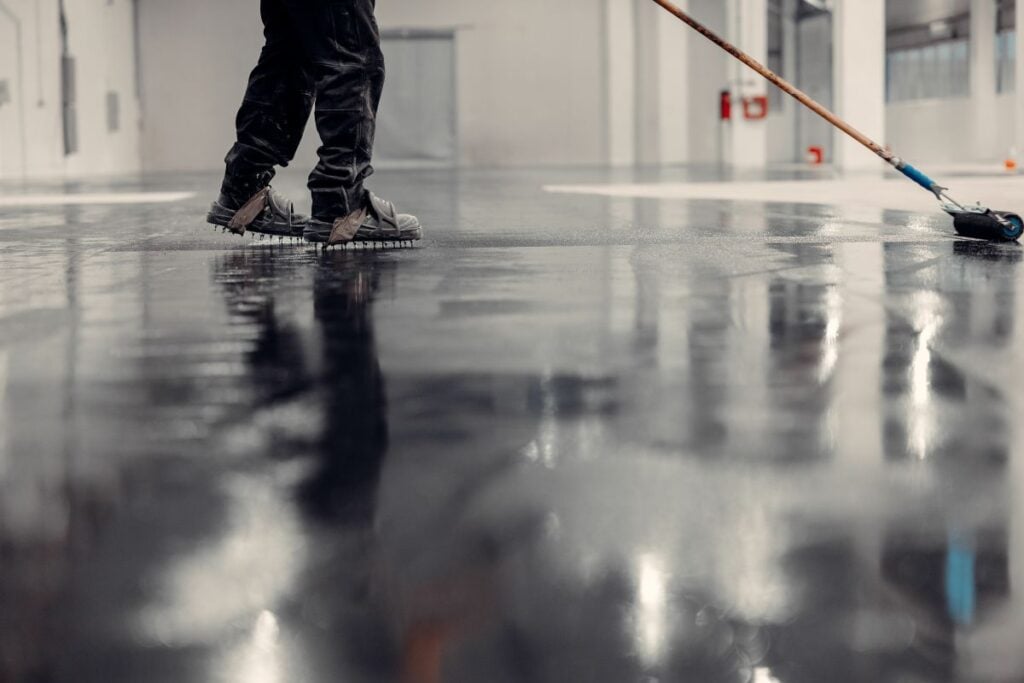 Epoxy floor coating in an industrial warehouse
