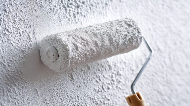 Paint roller applying white paint on a textured wall