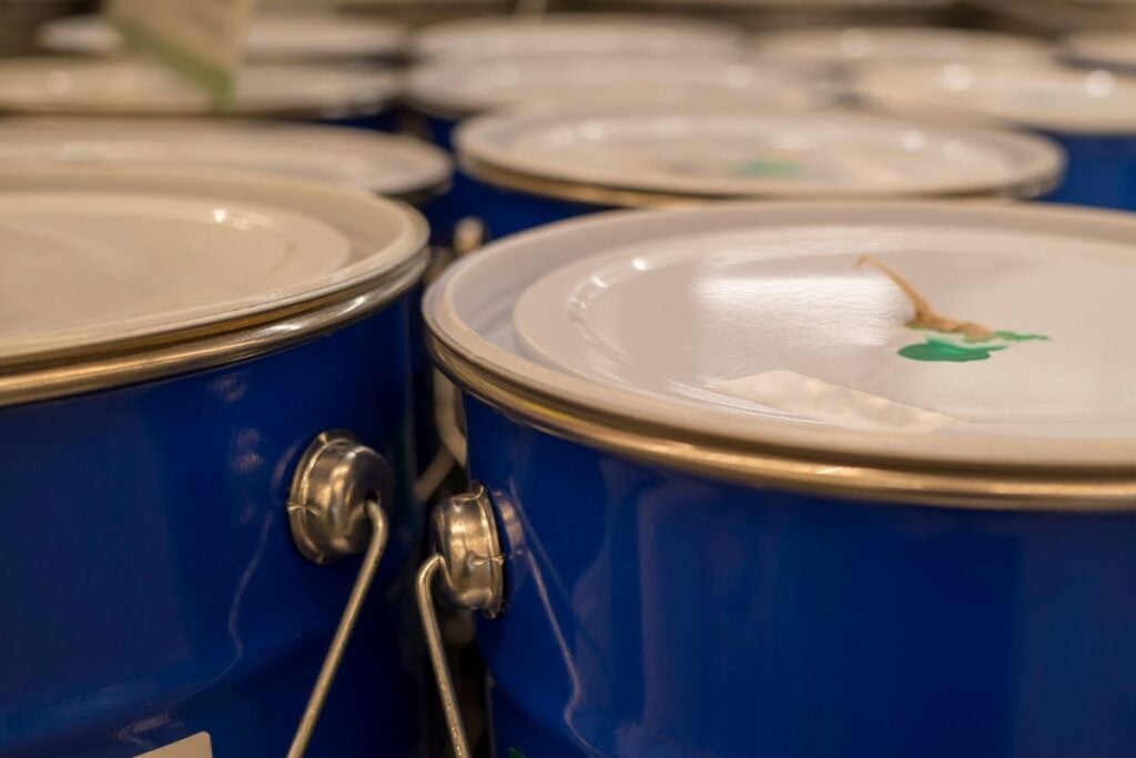close-up of paint cans in the store