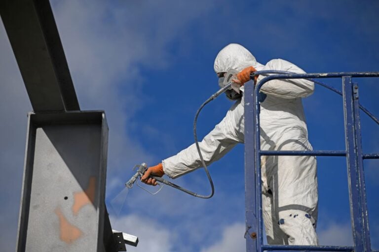 worker spray painting a beam
