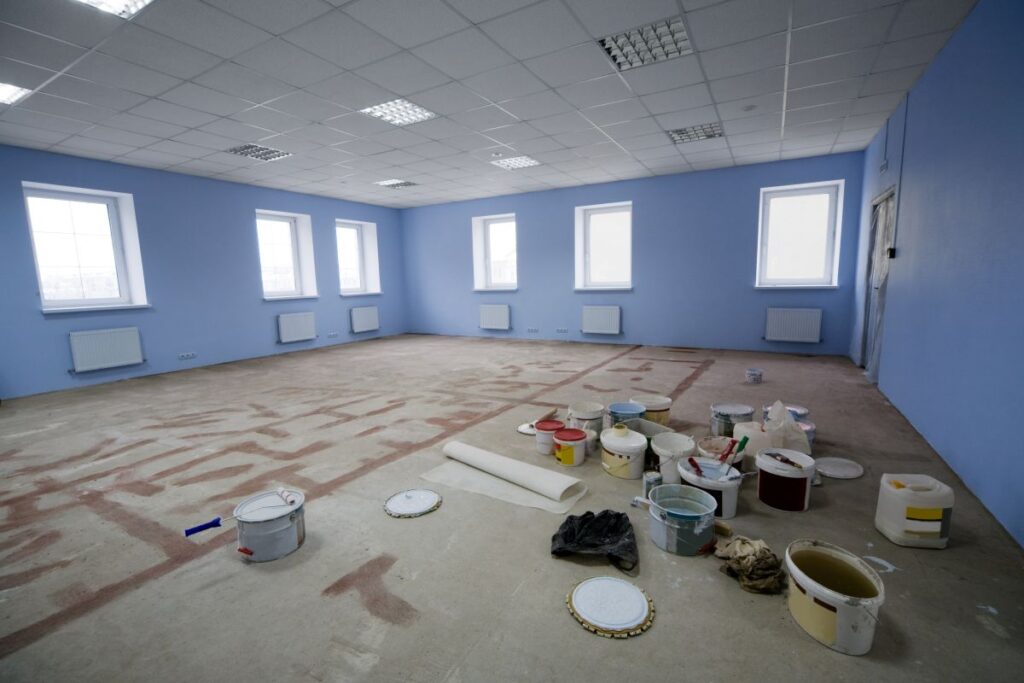 best office colors blue room paint buckets on the floor