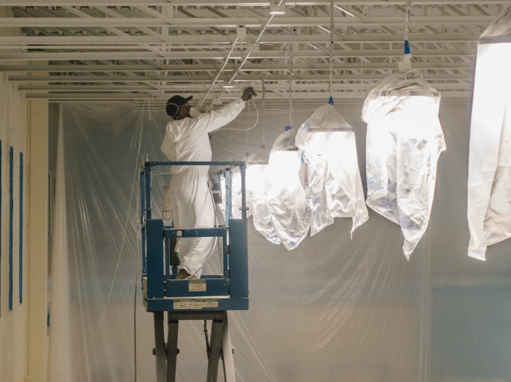 high ceiling and dryfall painting contractor painting white ceiling